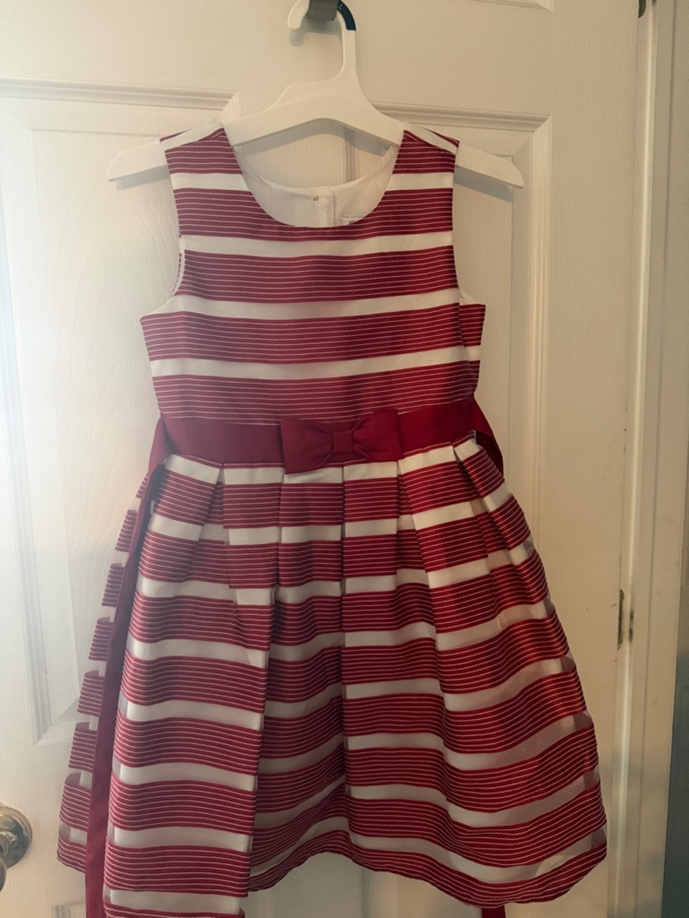 Jona Michelle Red and White Striped Satin Bow Party Dress